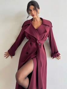 Firerie 女士优雅工作街头时尚通勤老款 Ancla 红色纯色长袖简约前扣长款腰部收紧双排扣双腰带长袖长外套夹克、风衣、休闲日常穿着秋冬复古勃艮第长款羊毛大衣、双排扣大衣 - 酒紅色 - 查看 5