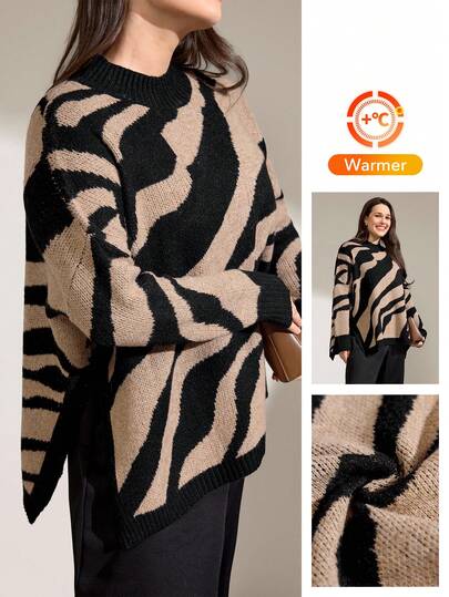 Momelise Große Größen Modischer Drop-Shoulder Pullover mit Tiermuster für Damen