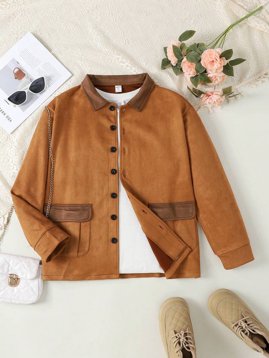 Teen Girl Contrast Color Block Collar Long Sleeve Drop Shoulder Front Button Casual Versatile Jacket - Brown - View 1