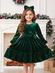 Váy dài tay dệt kim nhung xanh thanh lịch cho bé gái - màu xanh lá - Xem 8