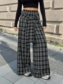 SHEIN Tall Fall Clothes For Women Going Out Streetwear Plaid Woven Tie-Waist Wide Leg Loose Casual Pants Plaid Pants Checkered Pants