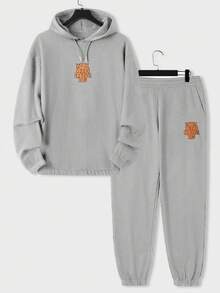 SHEIN Cottnline Men's Casual Letter Print Hoodie And Sweatpants Set, Autumn/Winter - Grey - View 1