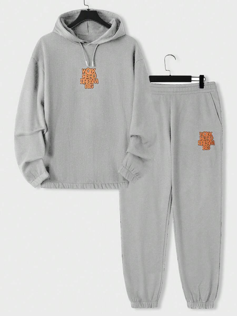 SHEIN Cottnline Men's Casual Letter Print Hoodie And Sweatpants Set, Autumn/Winter - Grey - View 1