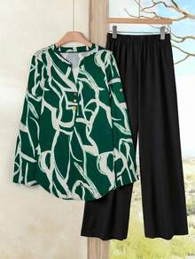 Rusticease 2件套女士休闲全印花衬衫和纯色裤子套装 - 墨綠色 - 查看 3