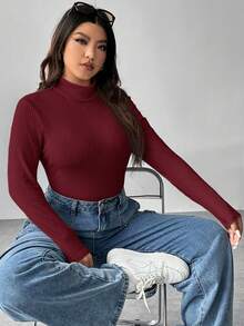 SHEIN EZwear Bộ đồ liền thân dài tay cổ trụ màu đỏ rượu vang cỡ lớn dành cho nữ - Màu Đỏ Sâu - Xem 3