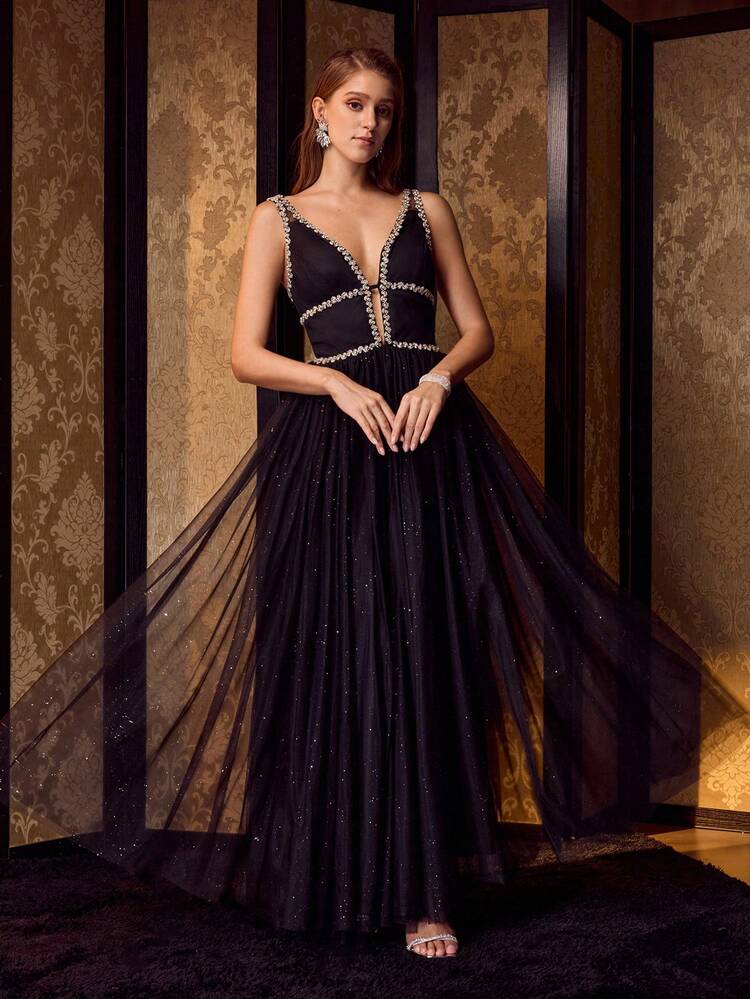 RHINESTONE DETAIL CONTRAST MESH DEEP V NECK COCKTAIL DRESS