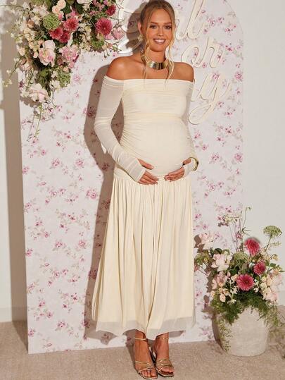 Loomaby Vestido elegante de manga larga con hombros descubiertos y fruncido para maternidad de unicolor