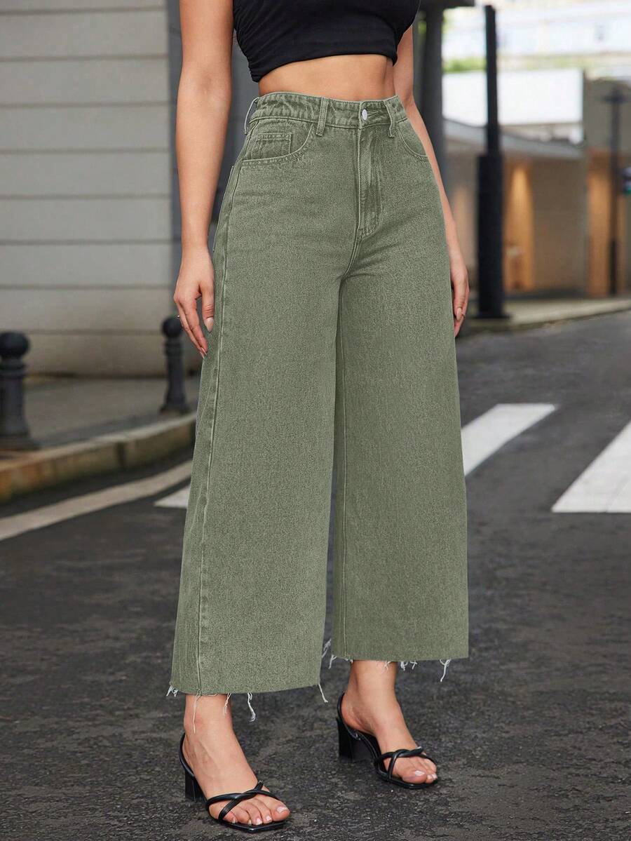 SHEIN ICON Plus Size Women High Waist Wide Leg Personalized Fashion Cropped Jeans - Army Green - View 1