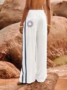 Poéselle Women's Sun Pattern Embroidered Elastic Waist Loose Wide Leg Casual Pants Cotton - Blue and White - View 5