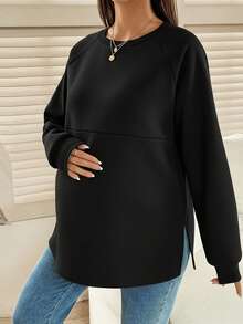SHEIN 哺乳期纯色圆领长袖开衩下摆休闲上衣孕妇秋冬T恤 - 黑色 - 查看 7