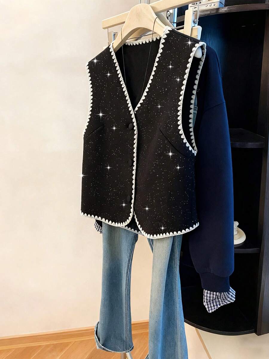 Franclia 优雅宽松百搭无袖无领上衣，白色，特级滚边，前中开襟，针织面料，适合秋冬季节穿着，黑色亮片上衣，优雅女式上衣 - 黑與白 - 查看 1