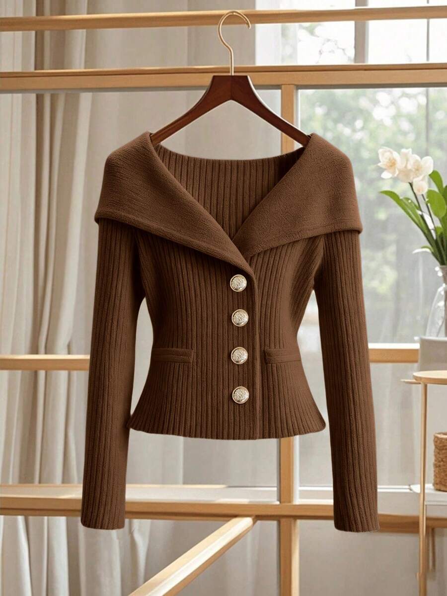 GlowEve Nuovo cardigan scollo a V da donna, stile europeo e americano, blocchi di colore, maglia elegante e minimalista - Marrone ruggine - Visualizzare 1