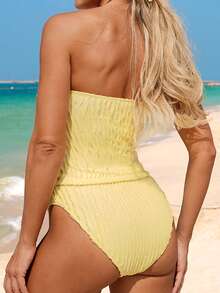 Swim Vcay Plain Textured Swimsuit For Women With Ruched Tummy, Drawstring Bust, Bandeau - Yellow - View 2