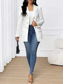 SHEIN Lady 女士纹理翻领泡泡袖金属双排扣休闲外套，秋冬款 - 白色 - 查看 5