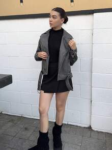 Andrea Bello Giacca  in pelle PU vintage lavata con collo a bavero e taglio morbido - Grigio Scuro - Visualizzare 3
