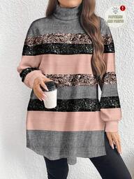 EMERY ROSE プラスサイズ レディース カラーブロック ストライプ プリント カジュアル ミニマリスト ハイネック ロングTシャツ、秋冬