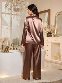 LuxeNights Love Leopard Print Faux Silk Women Brown Pajama Sets For Women, Fall & Winter Clothes