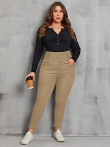 EMERY ROSE Celana Jeans Kasual Skinny Pinggang Tinggi Ukuran Plus Warna Polos - Khaki - View 6