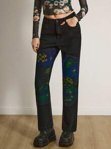 Y2Kool Maria Clara Maia Women's Black & Yellow Checkered, Horse, Zebra, Spaceship Print Slim Fit Straight Leg Y2K Sexy Casual Jeans Pants Printed Jeans Graphic Jeans Jeans With Designs Baggy Jeans Y2k Cowboy Pants For Women Springs Women Birthday For Women Carnival,Valentine's Day - Black - View 2