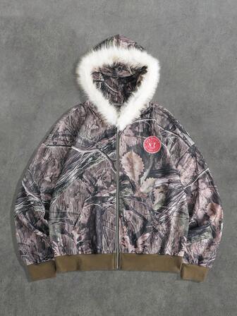 Street Life Sudadera con capucha de estampado vintage con cuello de piel para hombre, otoño/invierno