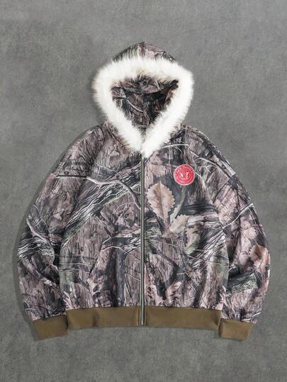 Street Life Men's Vintage Print Sweatshirt With Fur Collar Hoodie, Autumn/Winter