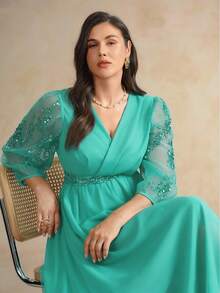 Flouryn Váy voan đen dài tay thêu ren cổ chữ V thanh lịch dành cho nữ cỡ lớn, thắt eo, dáng chữ A, thích hợp cho các bữa tiệc và buổi tụ họp - Màu xanh ngọc - Xem 5