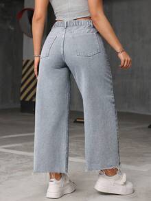 SHEIN ICON 大码女式休闲百搭毛边阔腿牛仔裤 - 淺灰色 - 查看 2