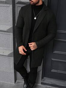 男士加大码纯色翻领单排扣休闲外套，秋冬男士正装外套，男士长款外套，灰色外套，男士灰色服装，男士灰色外套，灰色外套男士 - 黑色 - 查看 7