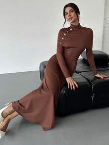 Firerie Váy trơn màu thanh lịch dành cho nữ có cổ đứng - màu nâu - Xem 2