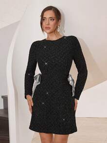 Modelyn 女士圆领长袖侧边亮片扭结下摆时尚迷你连衣裙 - 黑色 - 查看 4