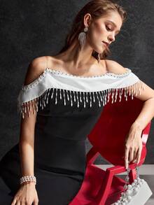 MOTF Soiréza WOMEN'S FAUX PEARL CURTAIN OFF THE SHOULDER CONTRAST COLOR PARTY DRESS - Black and White - View 7