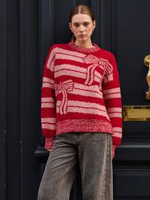 lacRébo Red And Pink Striped Loose-Fit Knit Sweater With Bow Jacquard Red  New Year Going Out Winter - Multicolor - View 4