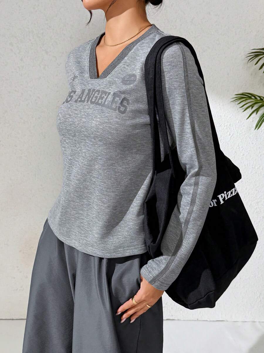 Modelyn Women's Casual Sporty Contrast Trim Long Sleeve Top Grey Top - Light Grey - View 1