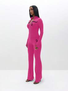 BABYPHAT Long Sleeve Zip Up Top With Text Print And Full Length Wide Leg Design - Hot Pink - View 4