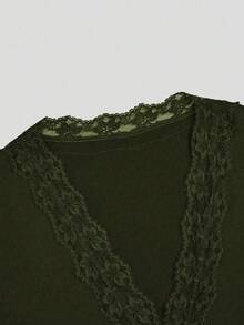 Women's V-Neck Criss-Cross Lace Trim T-Shirt Top, Early Autumn - Army Green - View 4