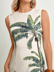 CAJUNI 女士度假棕榈树印花圆领露背无袖迷你连衣裙 - 杏色 - 查看 7