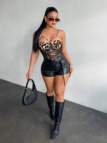 SHEIN SXY Women's Leopard Print Lace Sexy Sheer Bodysuit, Leather Shorts, Leopard Print Top, Sexy Outfit, Leopard Bodysuit, Leather Set,Valentine's Day,Going Out, Sexy Bodysuit, Leopard Print Bodysuit, Mesh Bodysuit, Women Bodysuits - Multicolor - View 4