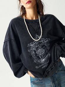 Bohemela Women's Casual Solid Color Knit Crew Neck Long Sleeve Washed Loose Sweatshirt - Black - View 4