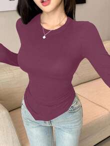 DAZY Áo thun nữ tay dài ôm sát thiết kế bất đối xứng - Bụi hồng - Xem 2