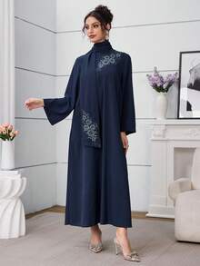 Al Najma 女士优雅时尚日常贴花长款阿拉伯连衣裙 - 藏蓝色 - 查看 3