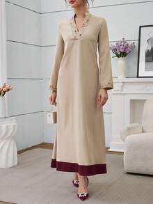 Al Najma Women's Elegant Neckline Ribbon & Fashionable Backless Tie Everyday Versatile Arabic Style Dress