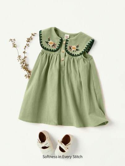 Cozy Pixies Baby Girl Floral Embroidered Sleeveless Dress With Sailor Collar And Front Buttons