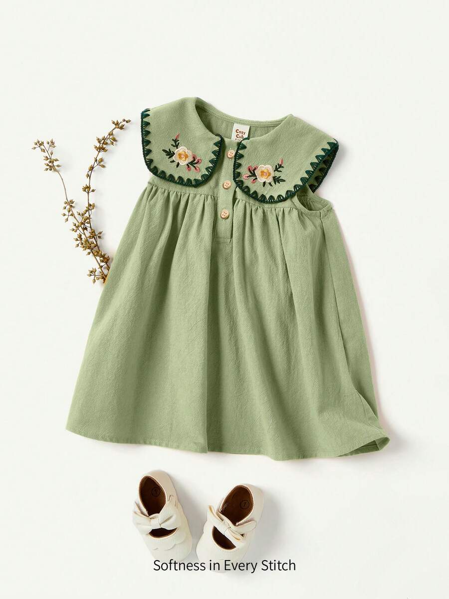 Cozy Pixies Baby Girl Floral Embroidered Sleeveless Dress With Sailor Collar And Front Buttons