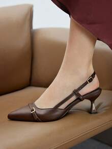 CUCCOO BIZCHIC 女士尖头小猫跟棕色踝带高跟鞋，百搭日常和工作穿着高跟鞋，带后绑带 - 棕色 - 查看 4