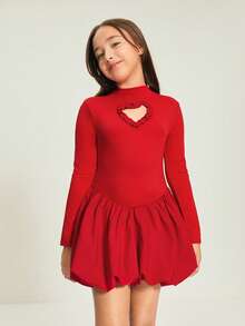 Leap Crew Vestido ajustado de cuello redondo de punto con parches y dobladillo de farol para adolescentes, falda larga elegante con pantalones cortos incorporados, adecuado para otoño/invierno, color rojo adecuado para Navidad, fiestas, escuela, cumpleaños, vestido de princesa, a juego madre-hija - Rojo - Ver 5
