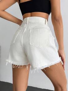EURMUSE Plus Högmidjade Slitna Damjeanshorts - Vitt - Visa 2