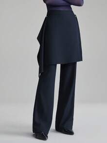 Ontre 2026ss Women's Navy Blue Comfortable Wide-Leg Pants, Asymmetric Hem Design With Detachable Panels, Fashionable, Elegant, Mysterious, Sexy, Modern Urban Casual Business Wear, High-Quality Airport, Versatile And Functional Middle Eastern Style Essential Women's Clothing Low-Key And Durable Basic Style, All-Match And Suitable For Everyone, Street Fashion Wear, Coffee Shop Wear, Relaxed Wear All-Season Fold Over Pants Navy Blue Pants Skirt Pants Modern Urban Casual Fashion Business Casual - Navy Blue - View 5
