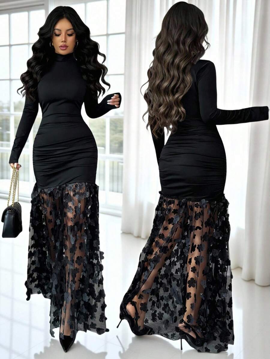 Rafferiza 女士时尚高领长袖褶皱网纱修身中长连衣裙，适合日常穿着、婚礼、晚宴、通勤、毕业派对、节日、约会、聚会、万圣节、圣诞节、新年、感恩节等场合。