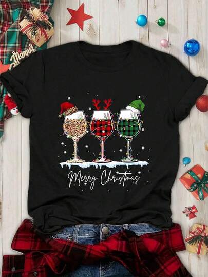 EMERY ROSE Christmas Bestselling Printed Crew Neck Fitted Short Sleeve T-Shirt For Women