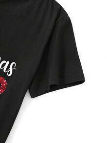 EMERY ROSE Christmas Fashionable Print Regular-Shoulder Fitted Short Sleeve T-Shirt For Women - Multicolor - View 4